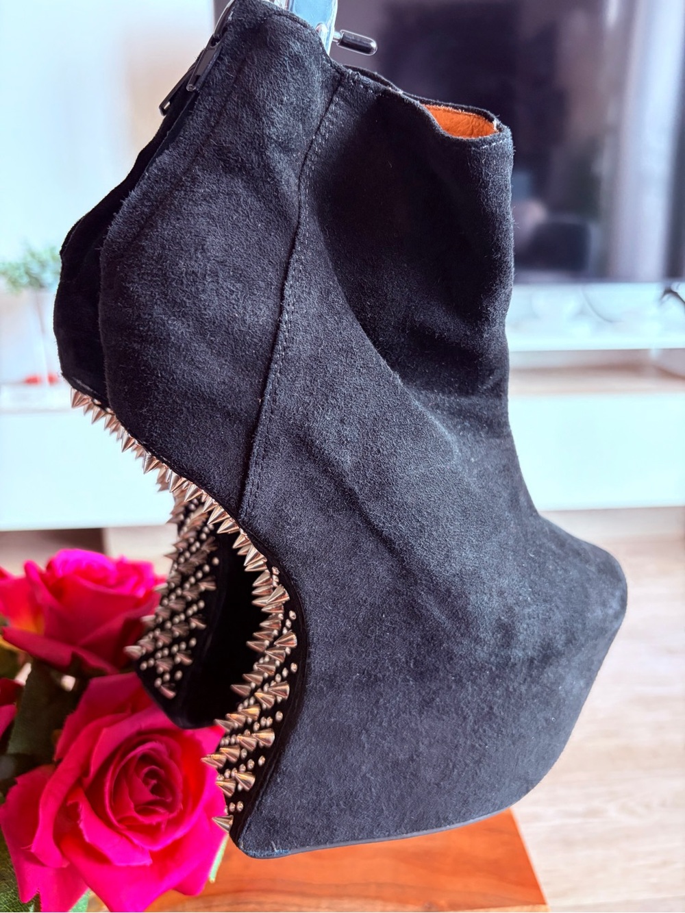 Jeffrey Campbell Black Suede Spike-Embellished Platform Ankle Boots